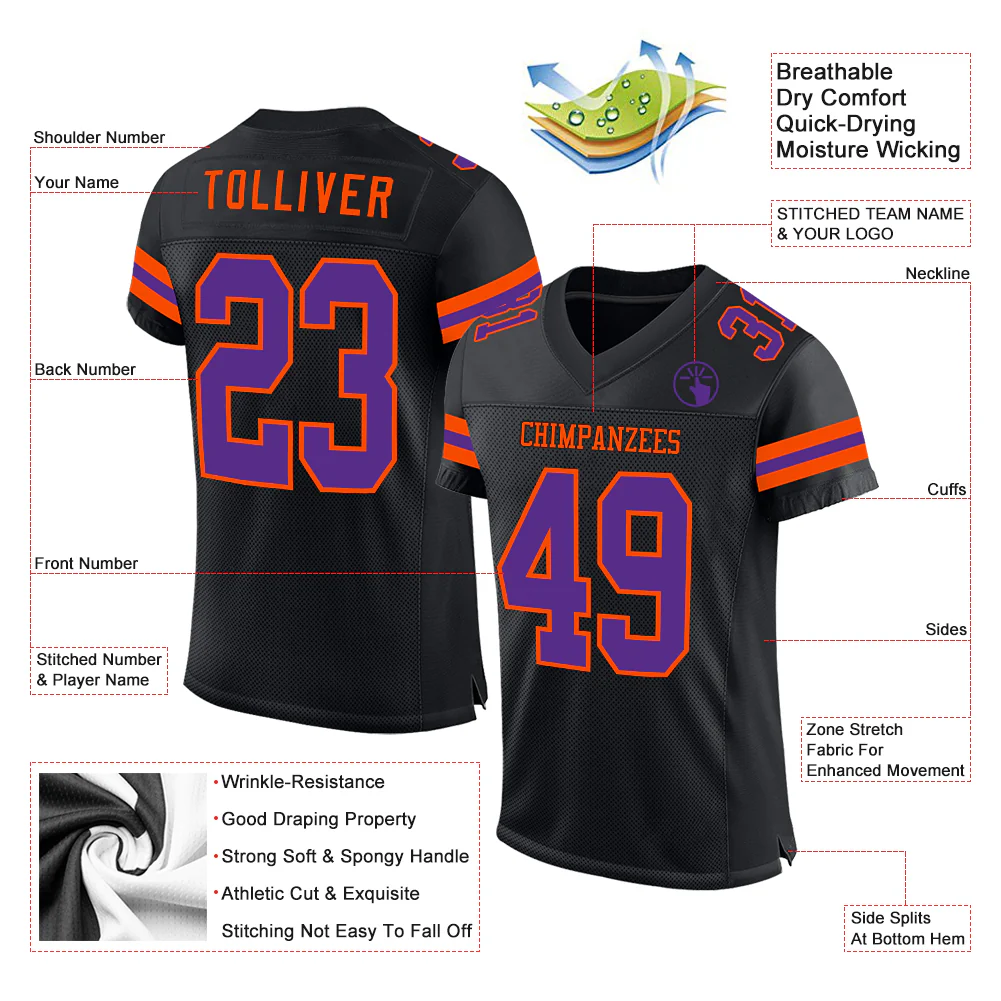 Custom Black Purple-Orange Mesh Authentic Football Jersey - Image 2