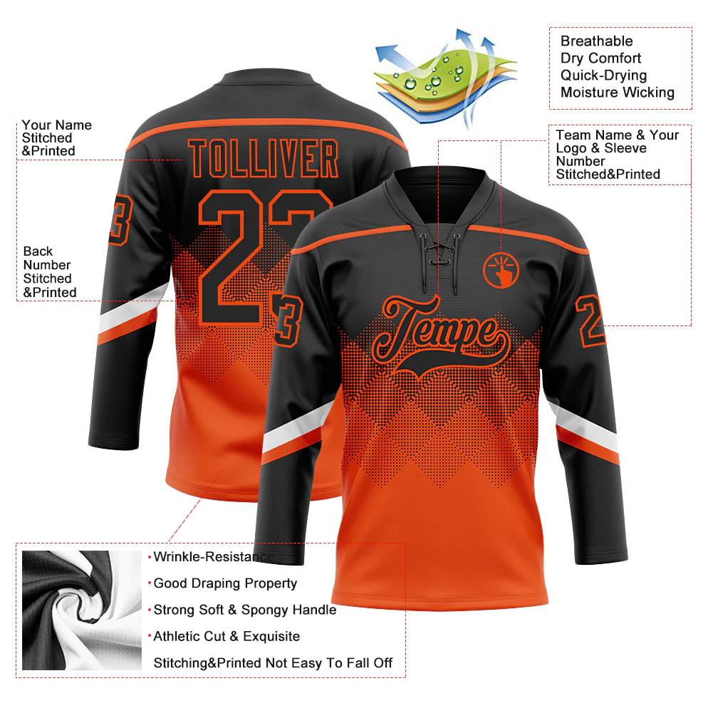 Custom Black Orange-White 3D Pattern Gradient Square Shapes Hockey Lace Neck Jersey - Image 3