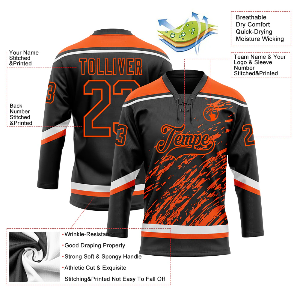 Custom Black Orange-White 3D Splash Art Hockey Lace Neck Jersey - Image 5