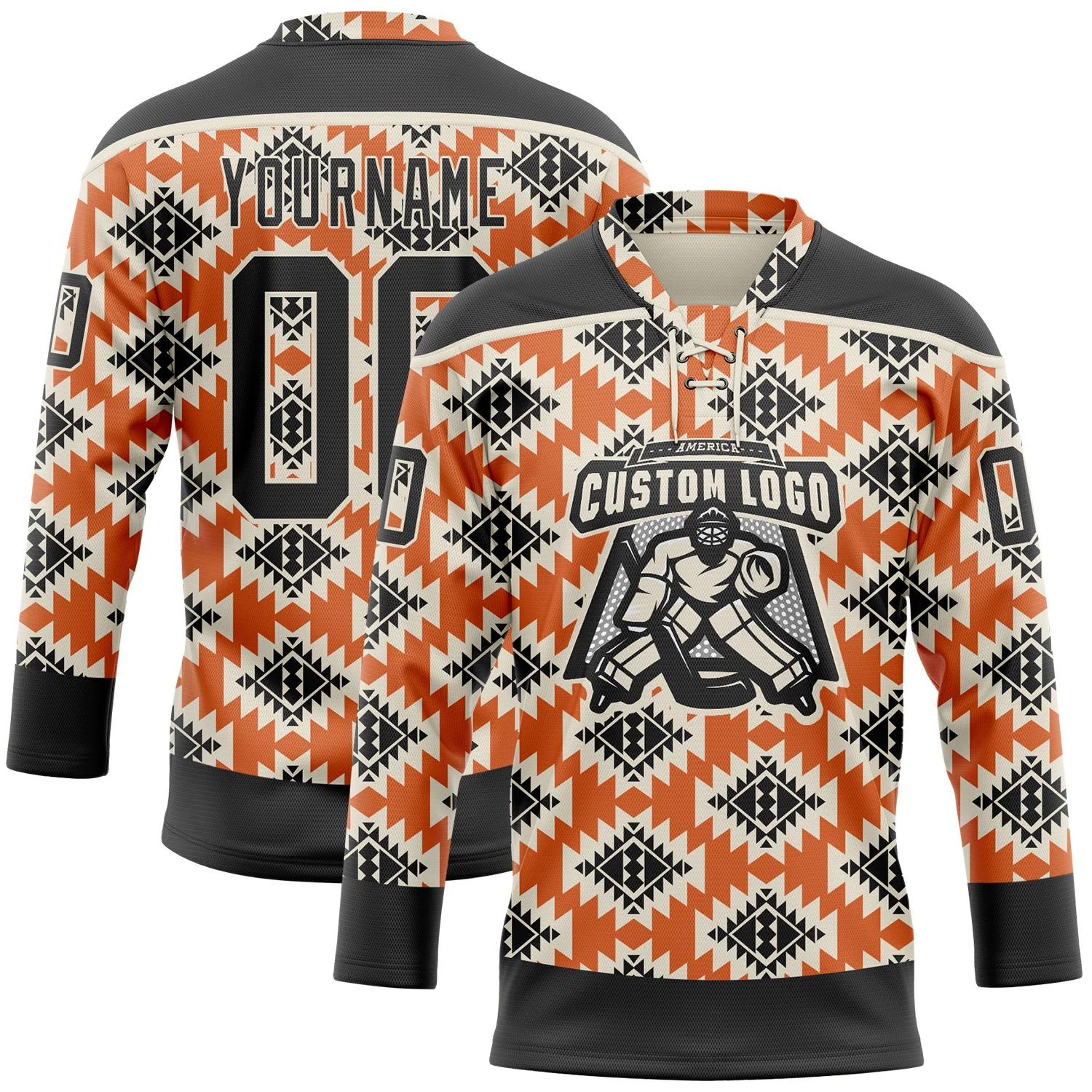 Custom Black Orange-Cream 3D Pattern Native Americans Tribal Indigenous People Hockey Lace Neck Jersey - Image 2