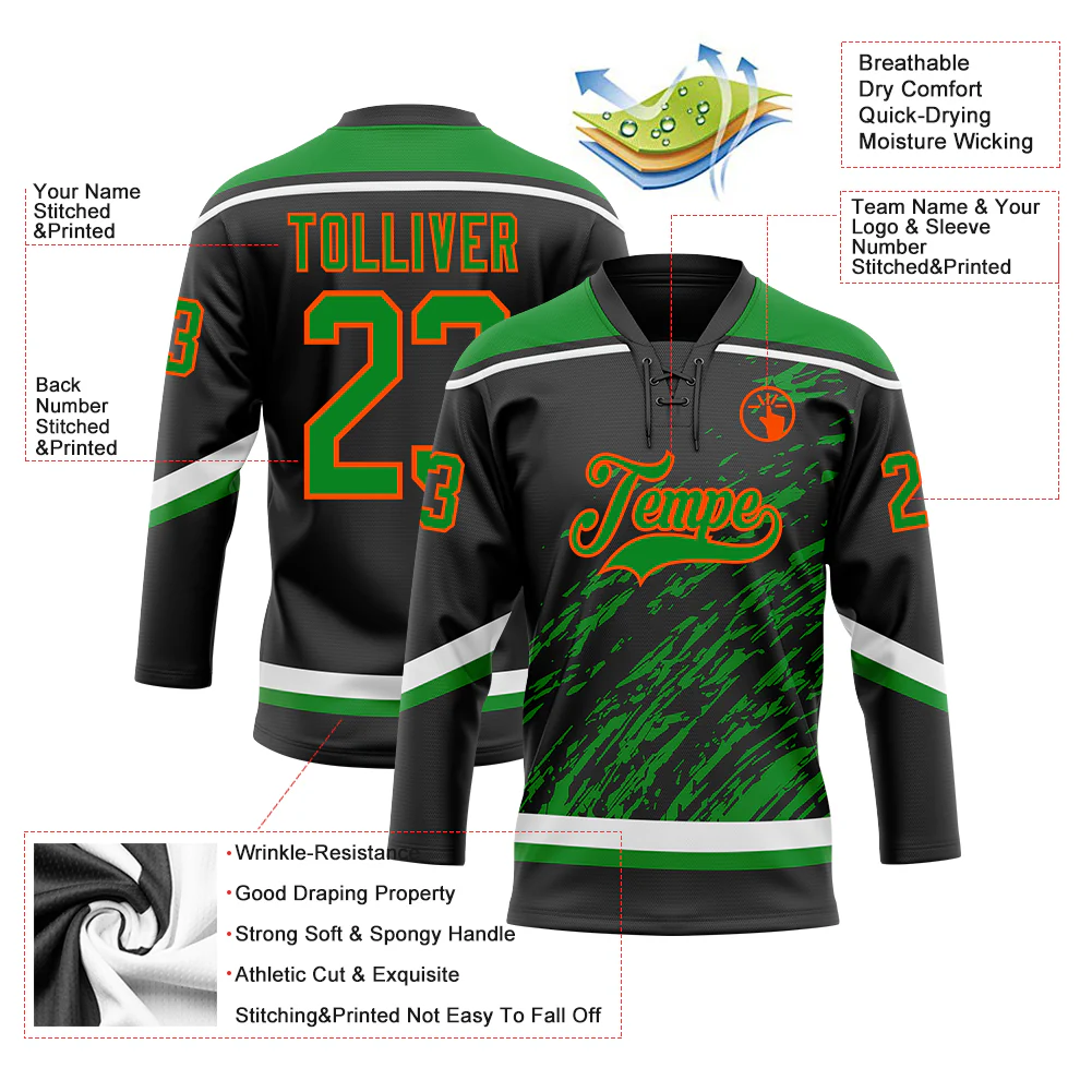 Custom Black Grass Green Orange-White 3D Splash Art Hockey Lace Neck Jersey - Image 5