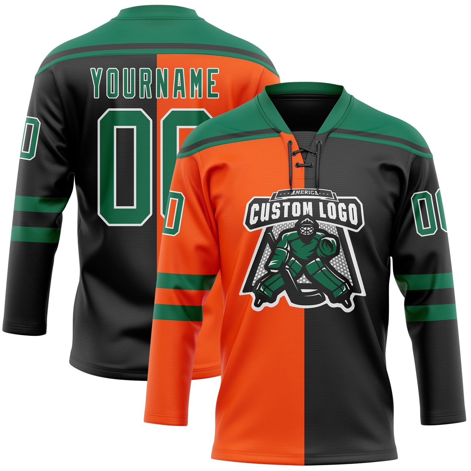 Custom Black Kelly Green Orange-White Split Fashion Hockey Lace Neck Jersey - Image 2