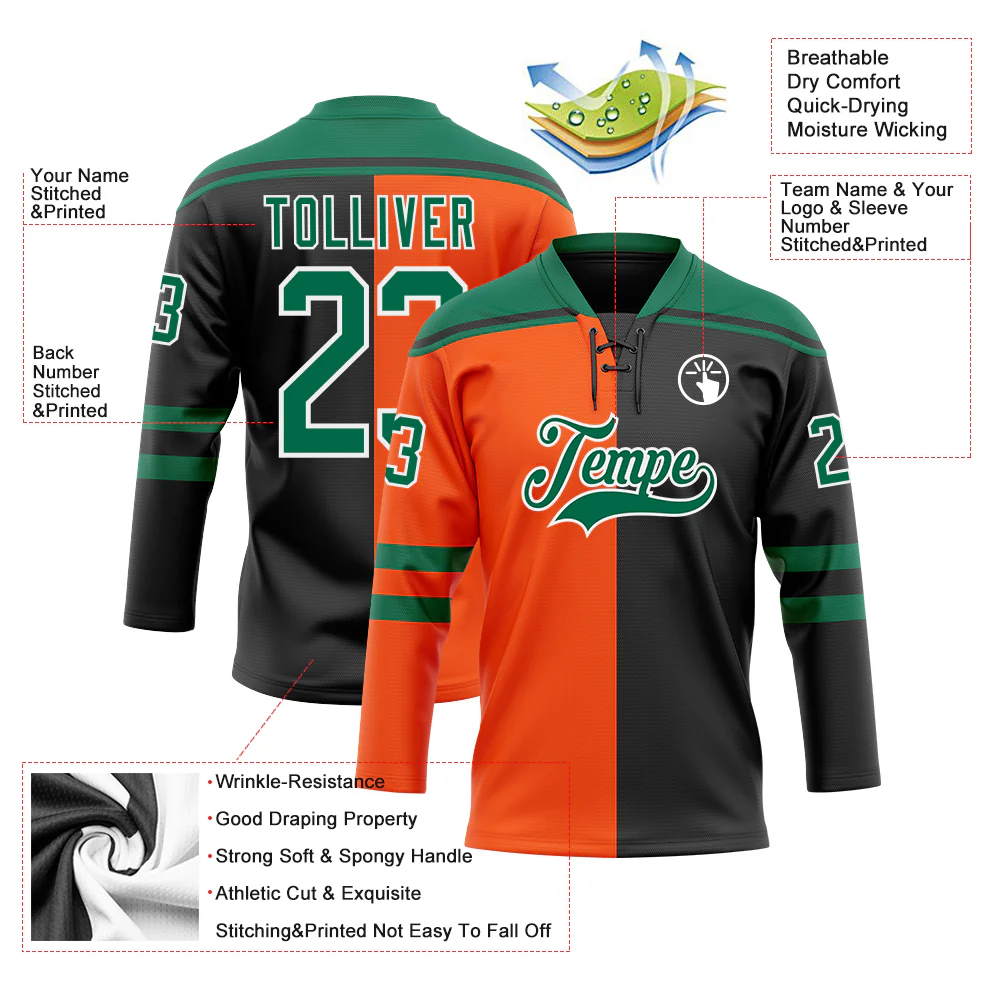 Custom Black Kelly Green Orange-White Split Fashion Hockey Lace Neck Jersey - Image 5