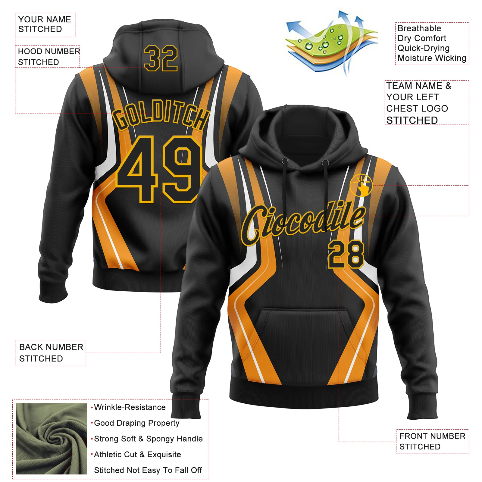 Custom Stitched Black Orange White-Gold 3D Pattern Design Sportswear Pullover Sweatshirt Hoodie - Image 2