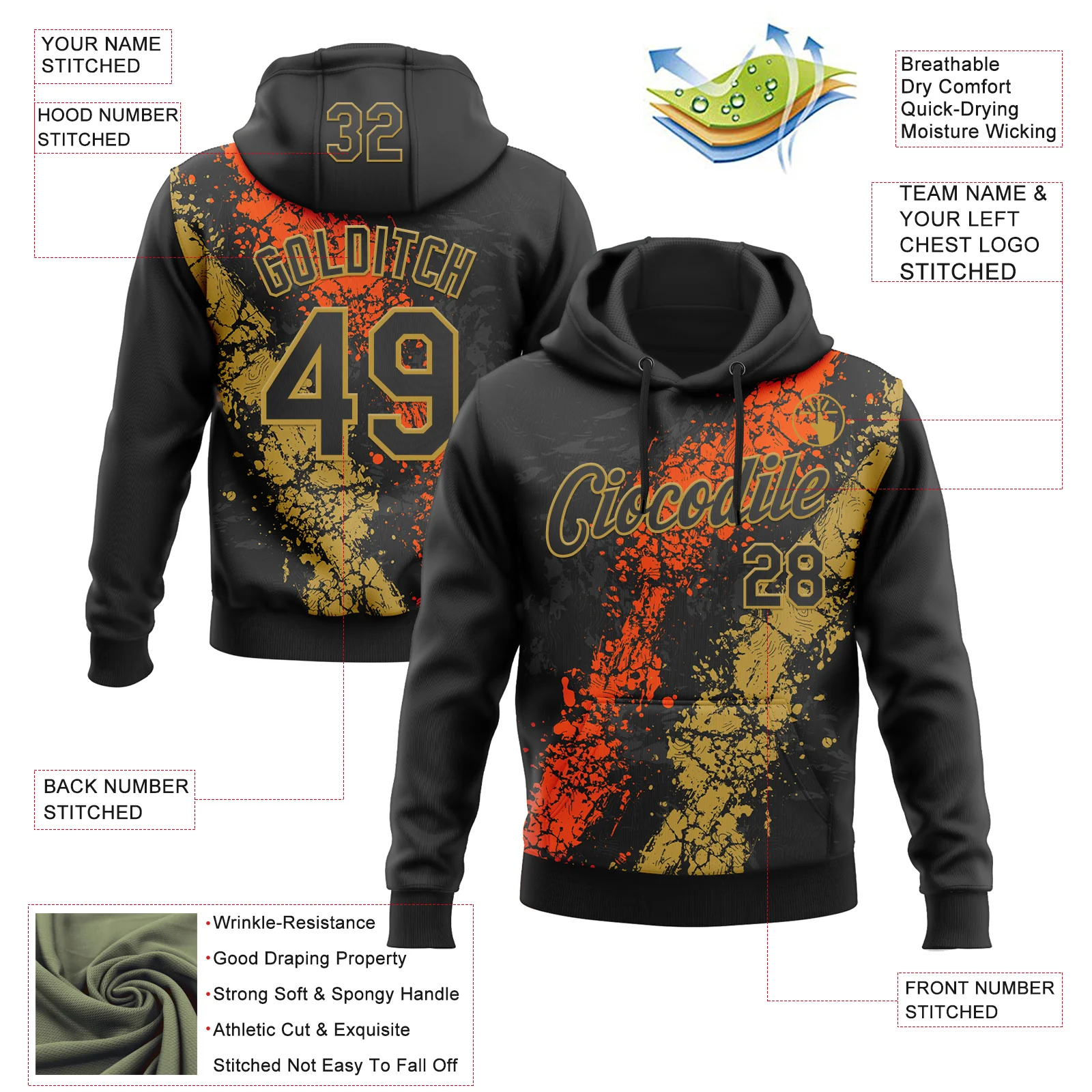 Custom Stitched Black Orange-Old Gold Splash Sports Pullover Sweatshirt Hoodie - Image 4