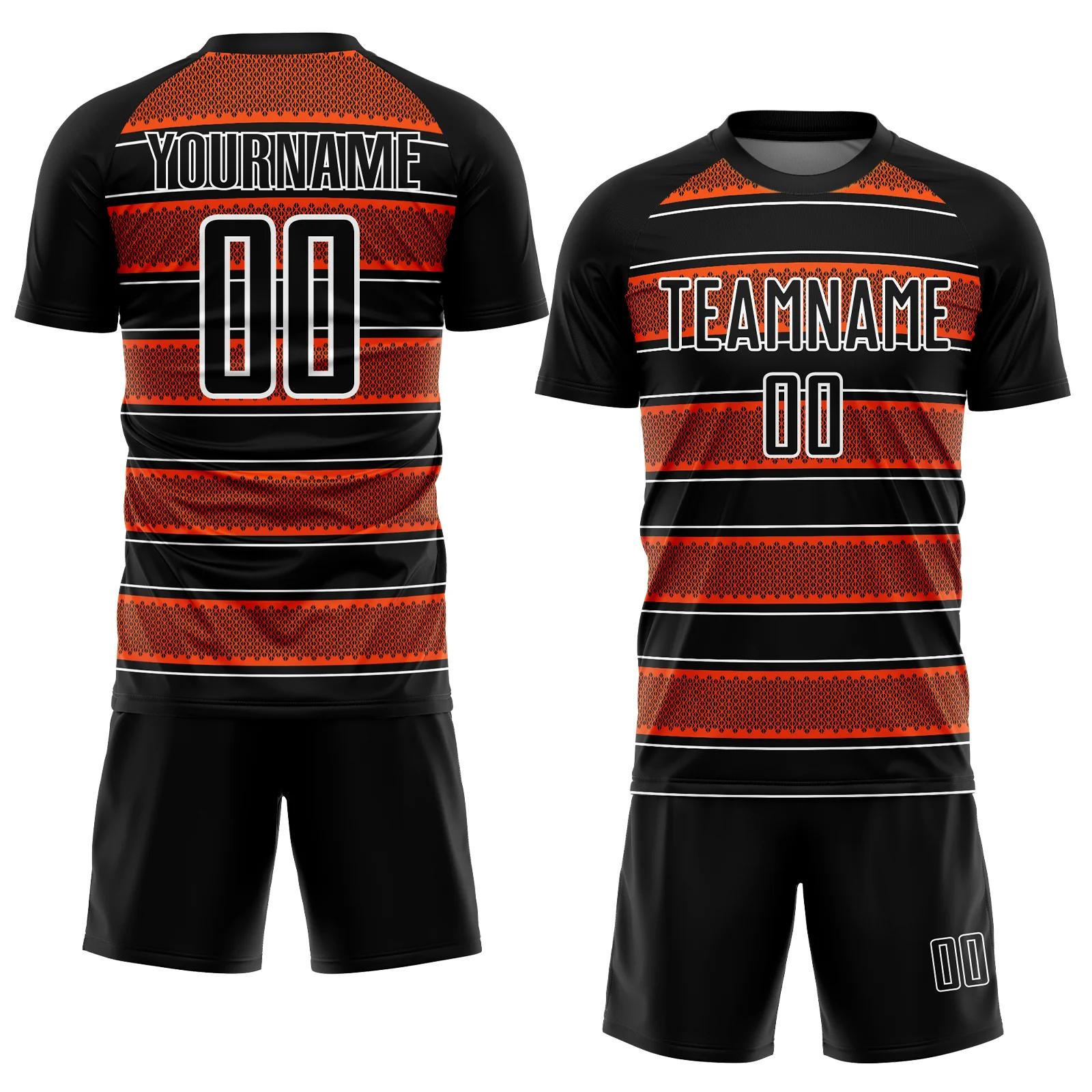 Custom Black Orange-White Geometric Shapes And Line Sublimation Soccer Uniform Jersey - Image 2