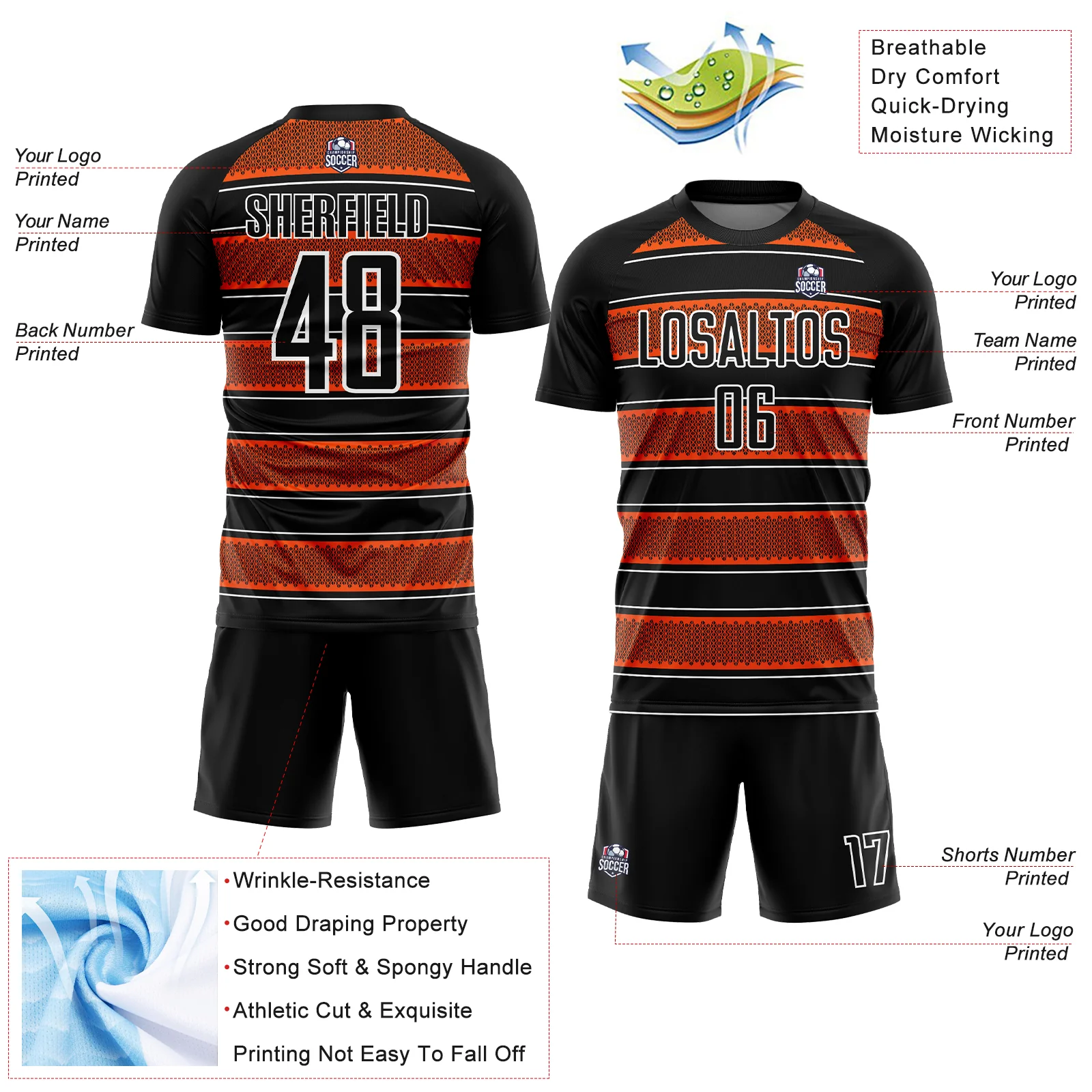 Custom Black Orange-White Geometric Shapes And Line Sublimation Soccer Uniform Jersey - Image 4
