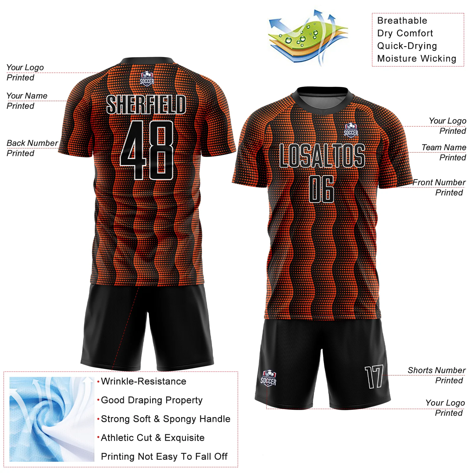 Custom Black Orange-White Geometric Shape Sublimation Soccer Uniform Jersey - Image 4