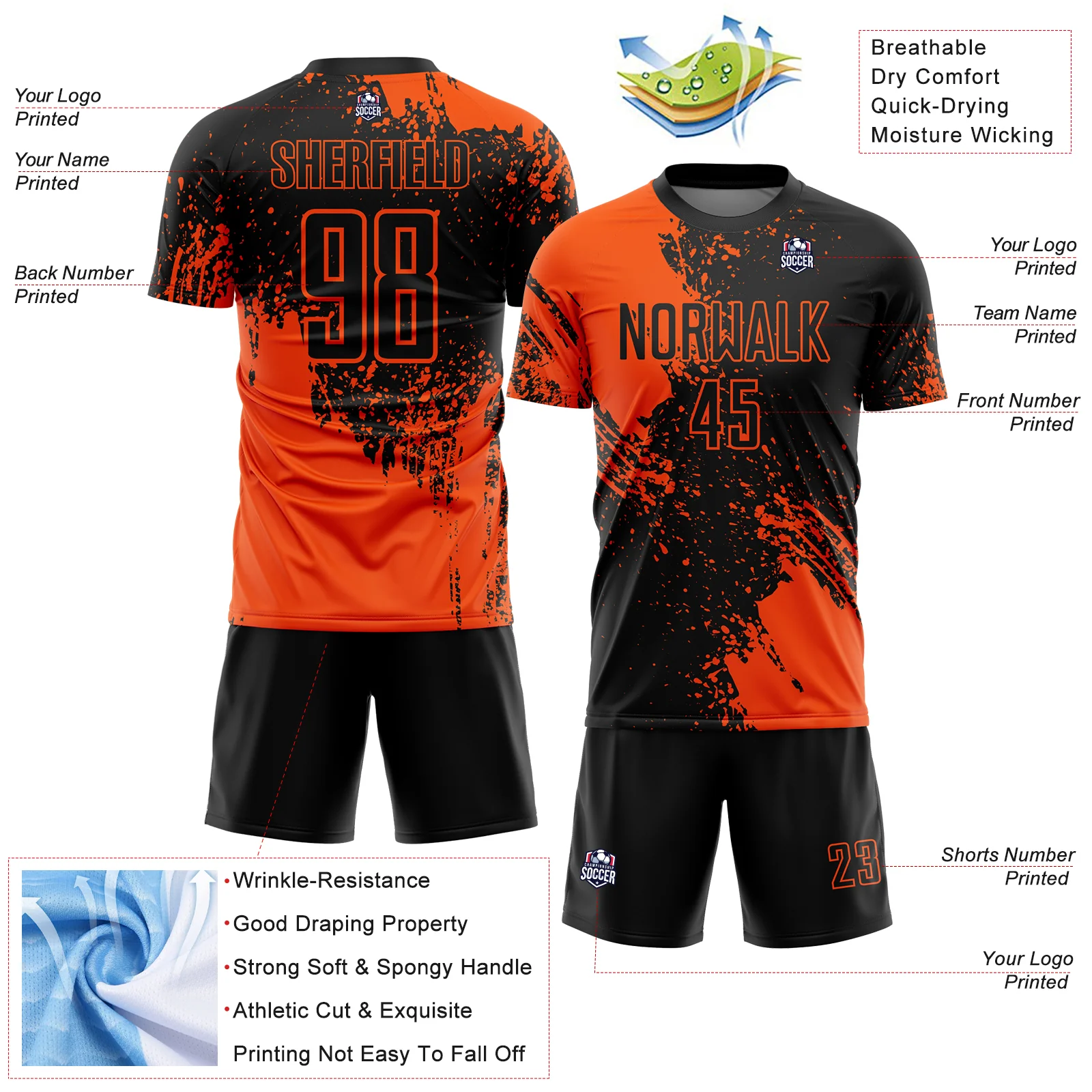Custom Black Orange Abstract Brush Stroke Sports Sublimation Soccer Uniform Jersey - Image 4
