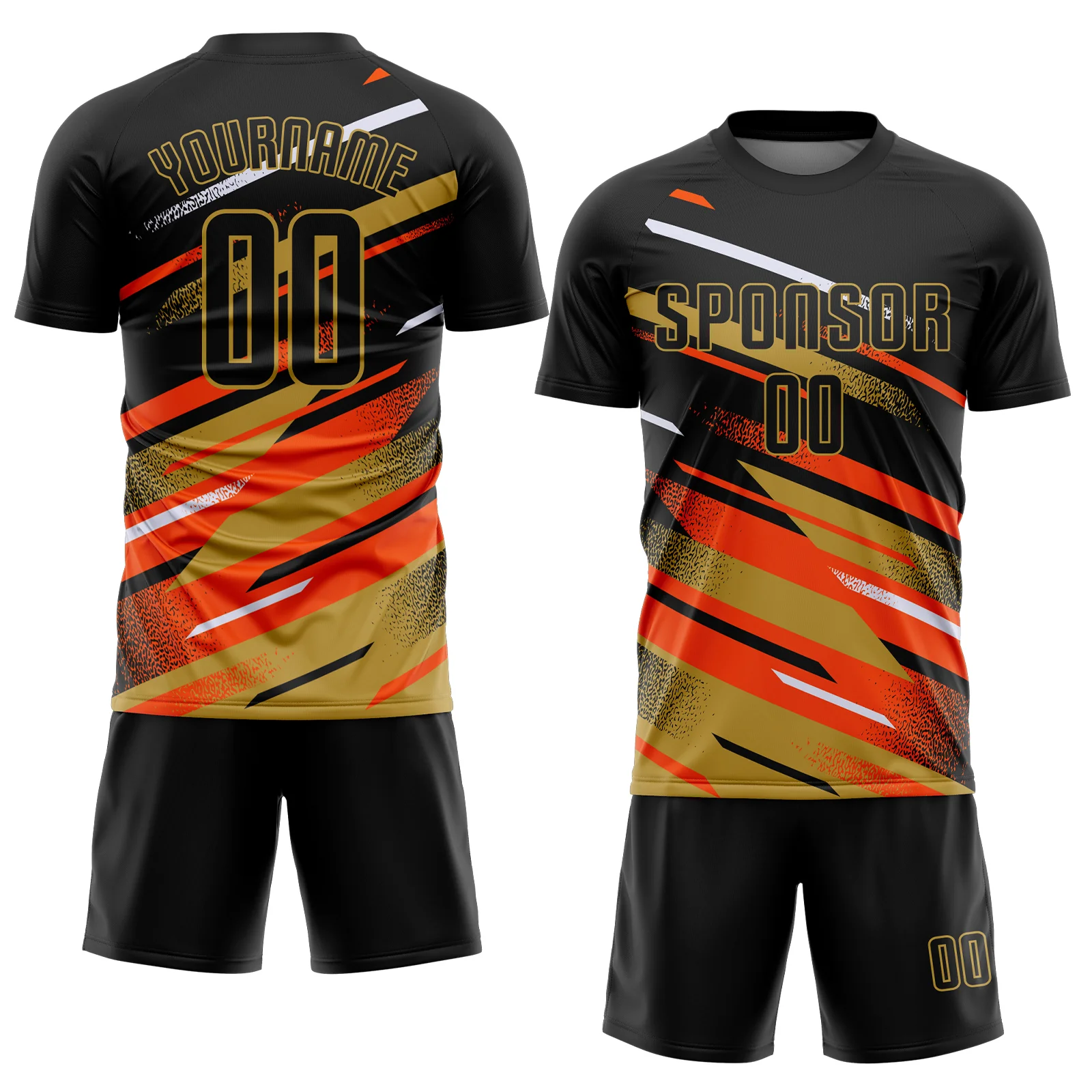 Custom Black Orange Old Gold-White Grunge Stripe And Grainy Sports Sublimation Soccer Uniform Jersey - Image 2