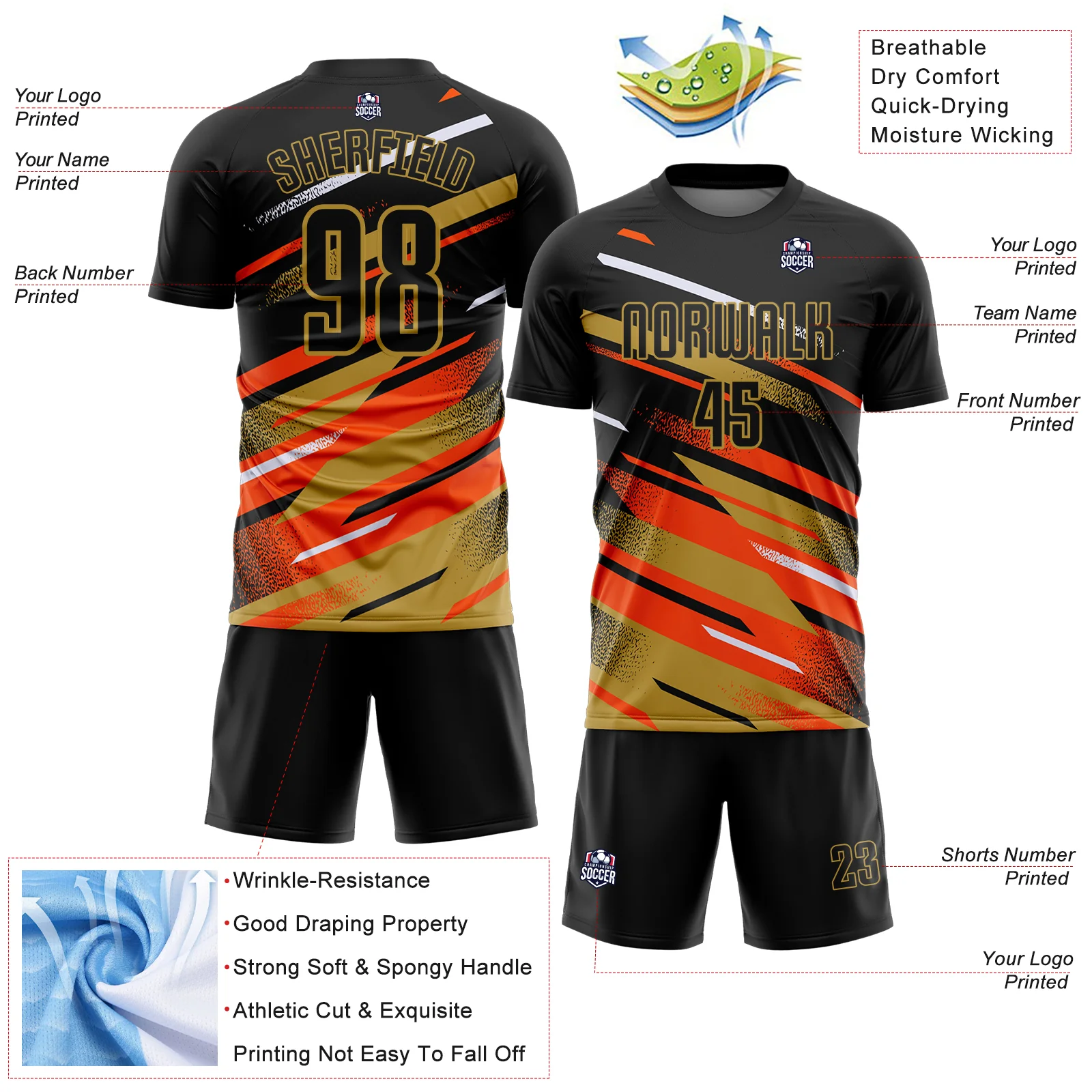 Custom Black Orange Old Gold-White Grunge Stripe And Grainy Sports Sublimation Soccer Uniform Jersey - Image 4
