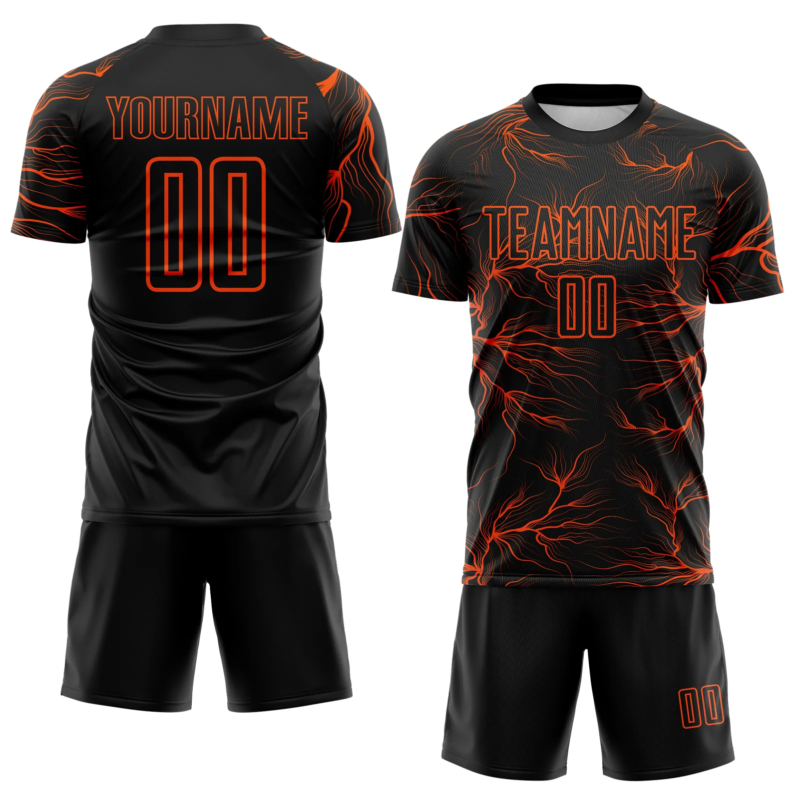 Custom Black Orange Lightning Electric Veins Sublimation Soccer Uniform Jersey - Image 2