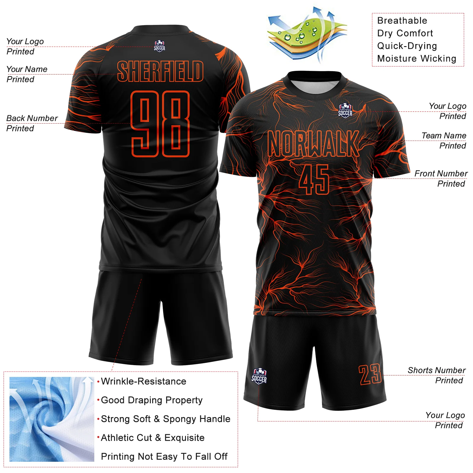 Custom Black Orange Lightning Electric Veins Sublimation Soccer Uniform Jersey - Image 4