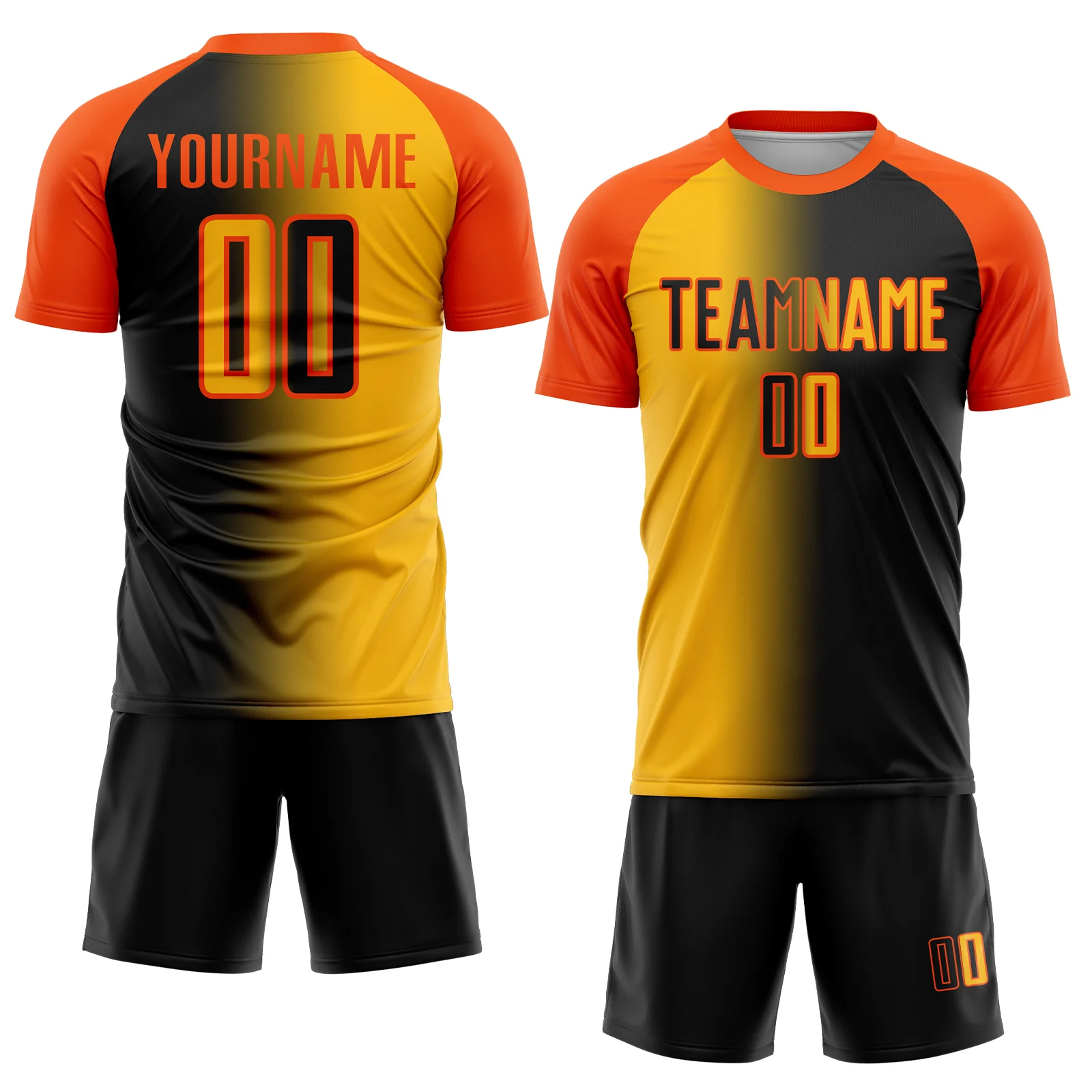 Custom Black Gold-Orange Sublimation Gradient Fashion Soccer Uniform Jersey - Image 2