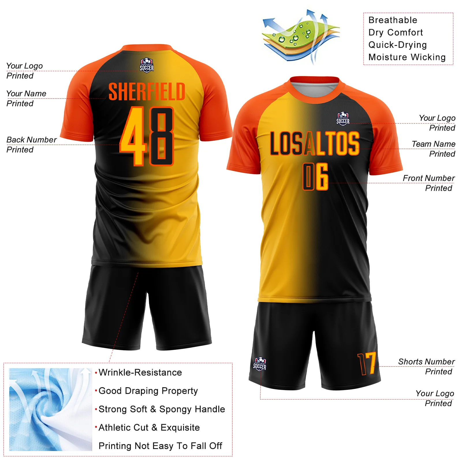Custom Black Gold-Orange Sublimation Gradient Fashion Soccer Uniform Jersey - Image 4
