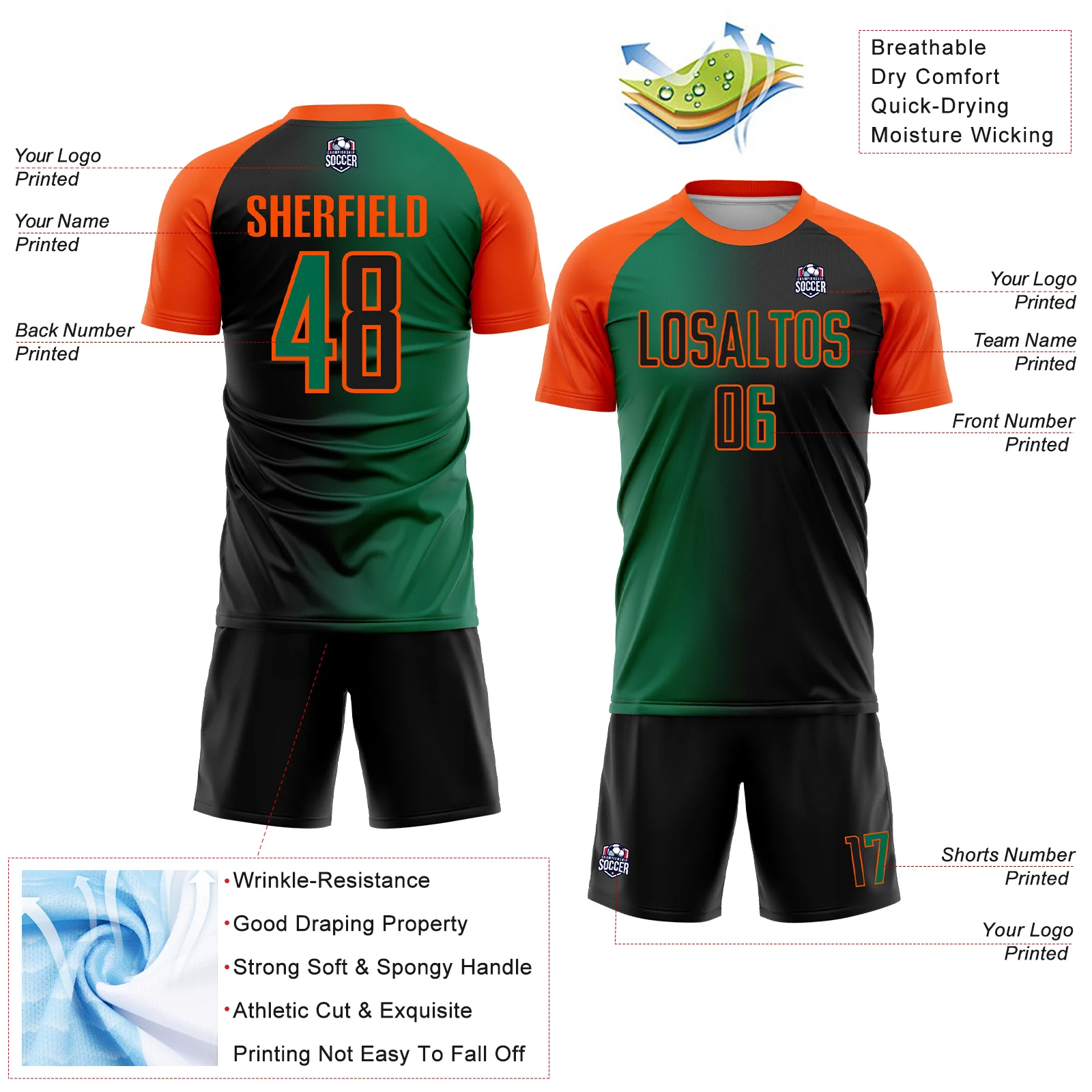 Custom Black Kelly Green-Orange Sublimation Gradient Fashion Soccer Uniform Jersey - Image 4