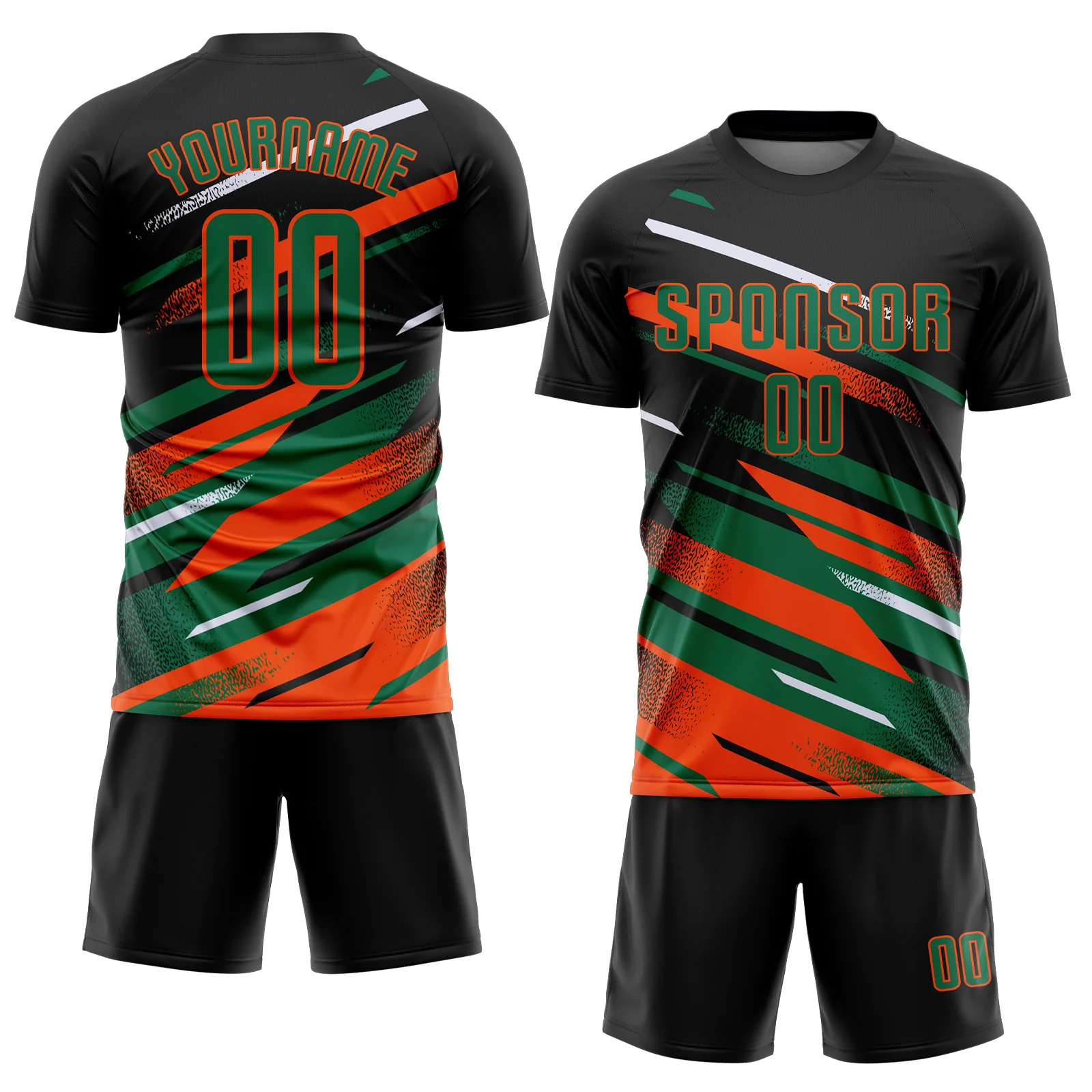 Custom Black Kelly Green Orange-White Grunge Stripe And Grainy Sports Sublimation Soccer Uniform Jersey - Image 2