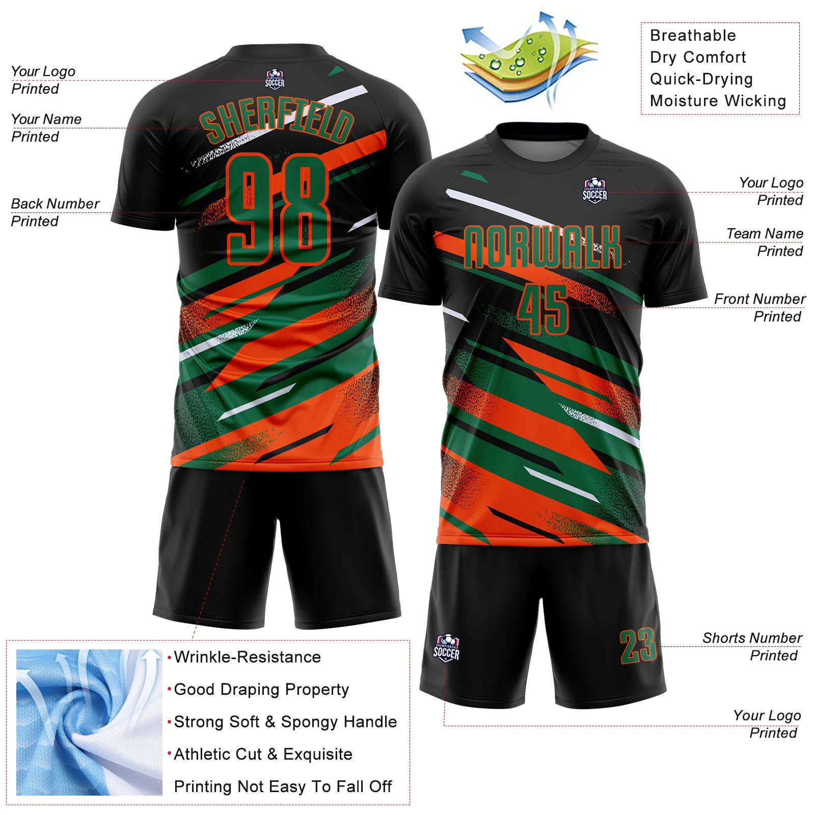 Custom Black Kelly Green Orange-White Grunge Stripe And Grainy Sports Sublimation Soccer Uniform Jersey - Image 4