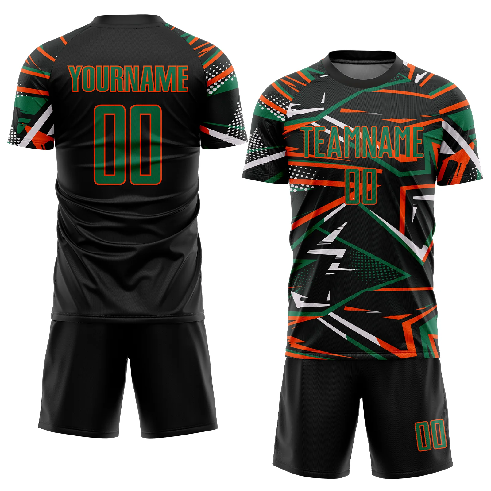 Custom Black Kelly Green Orange-White Abstract Geometric Stripes Sports Sublimation Soccer Uniform Jersey - Image 2