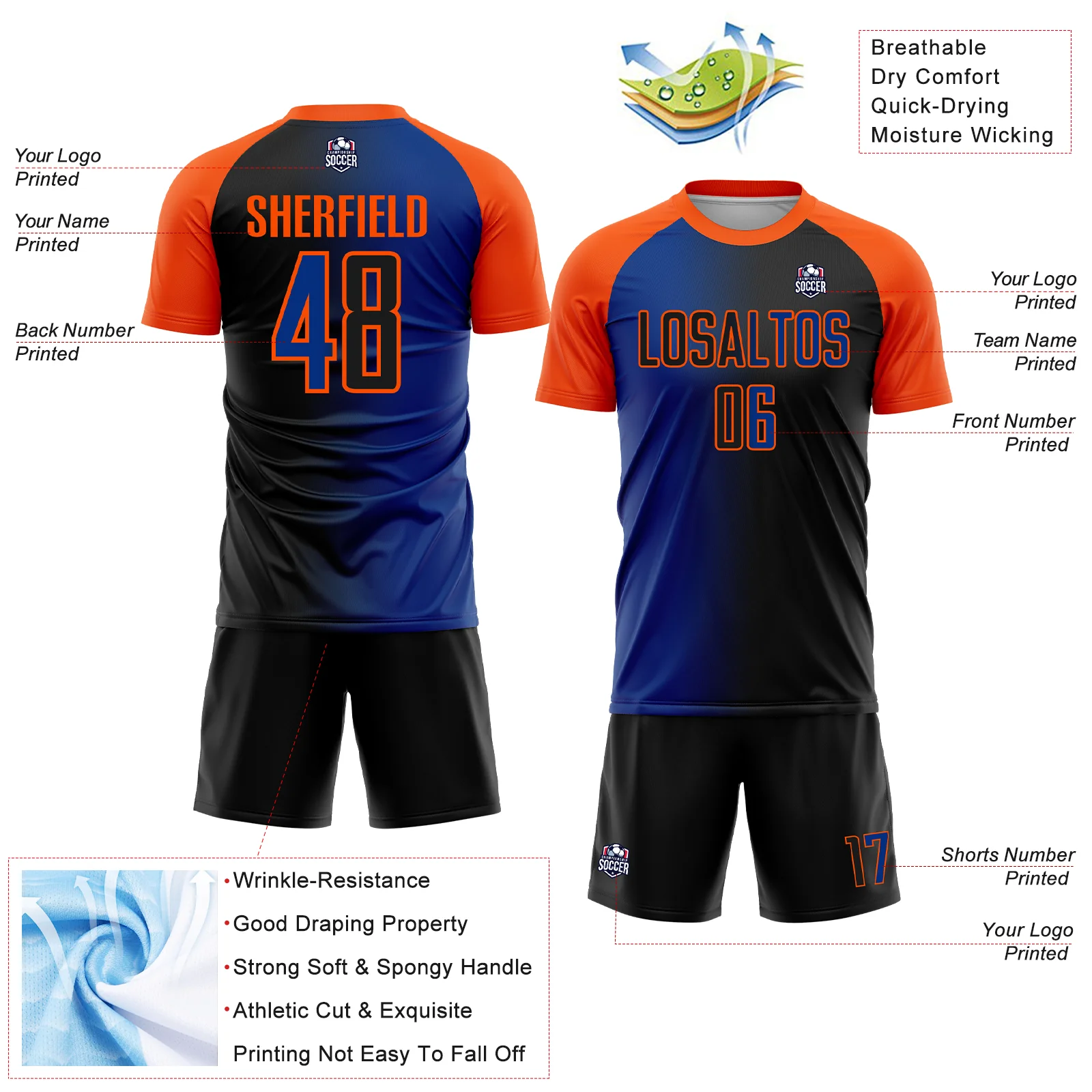 Custom Black Royal-Orange Sublimation Gradient Fashion Soccer Uniform Jersey - Image 4