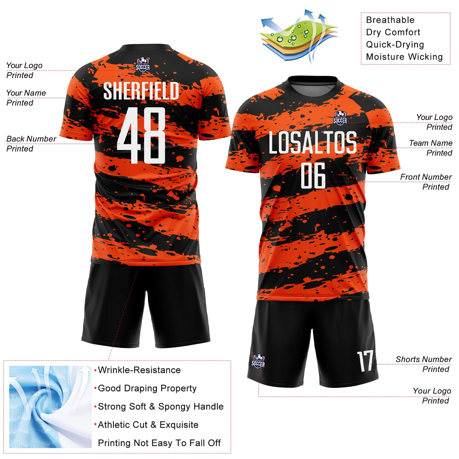 Custom Black White-Orange Splash Sublimation Soccer Uniform Jersey - Image 4