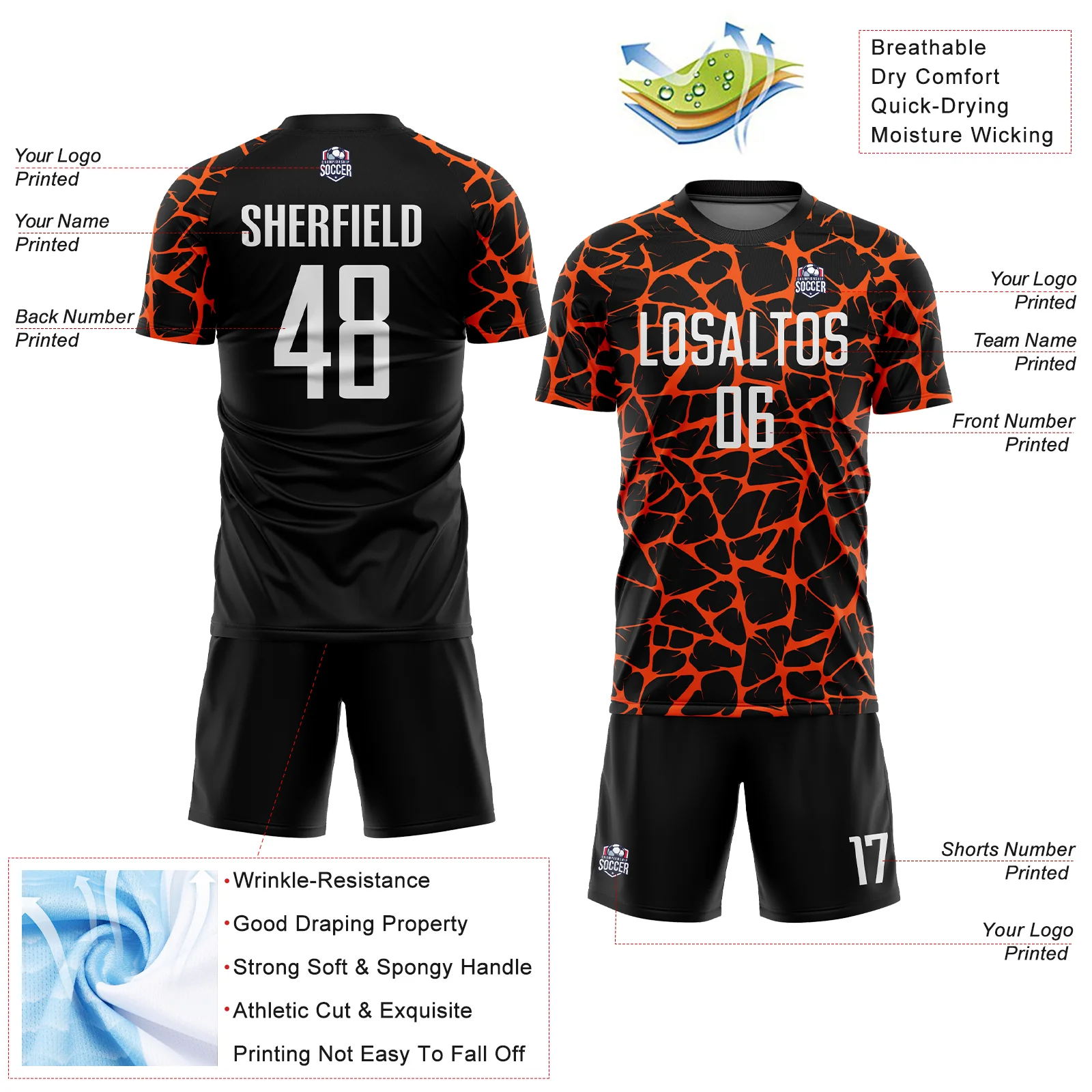 Custom Black White-Orange Abstract Network Splash Sublimation Soccer Uniform Jersey - Image 4