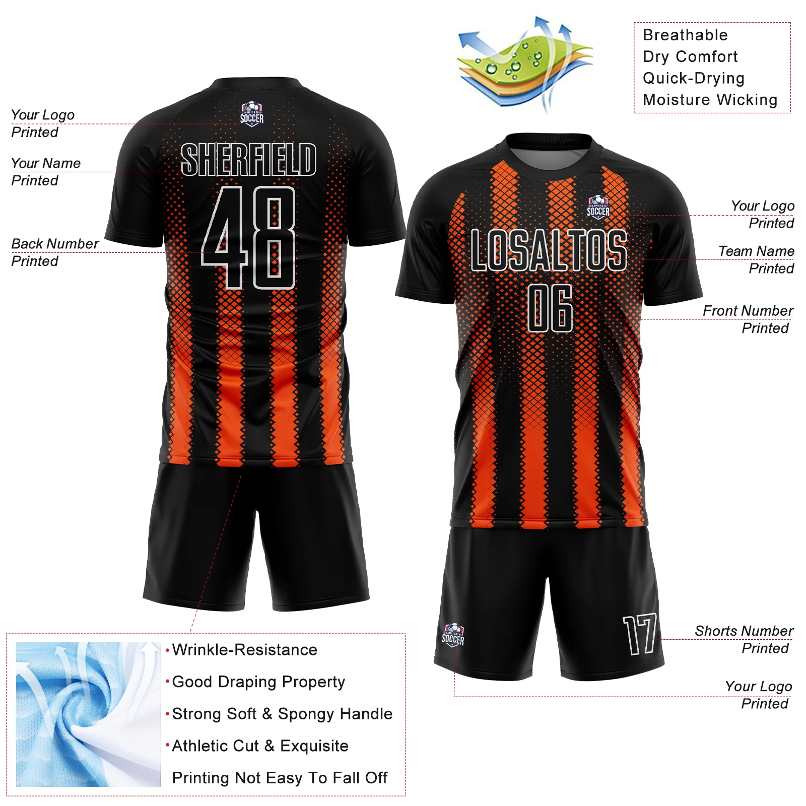 Custom Black Orange-White Geometric Shape Sublimation Soccer Uniform Jersey - Image 4