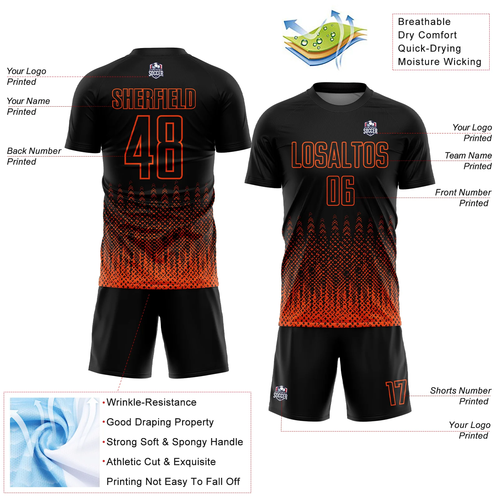 Custom Black Orange Geometric Shape Sublimation Soccer Uniform Jersey - Image 4