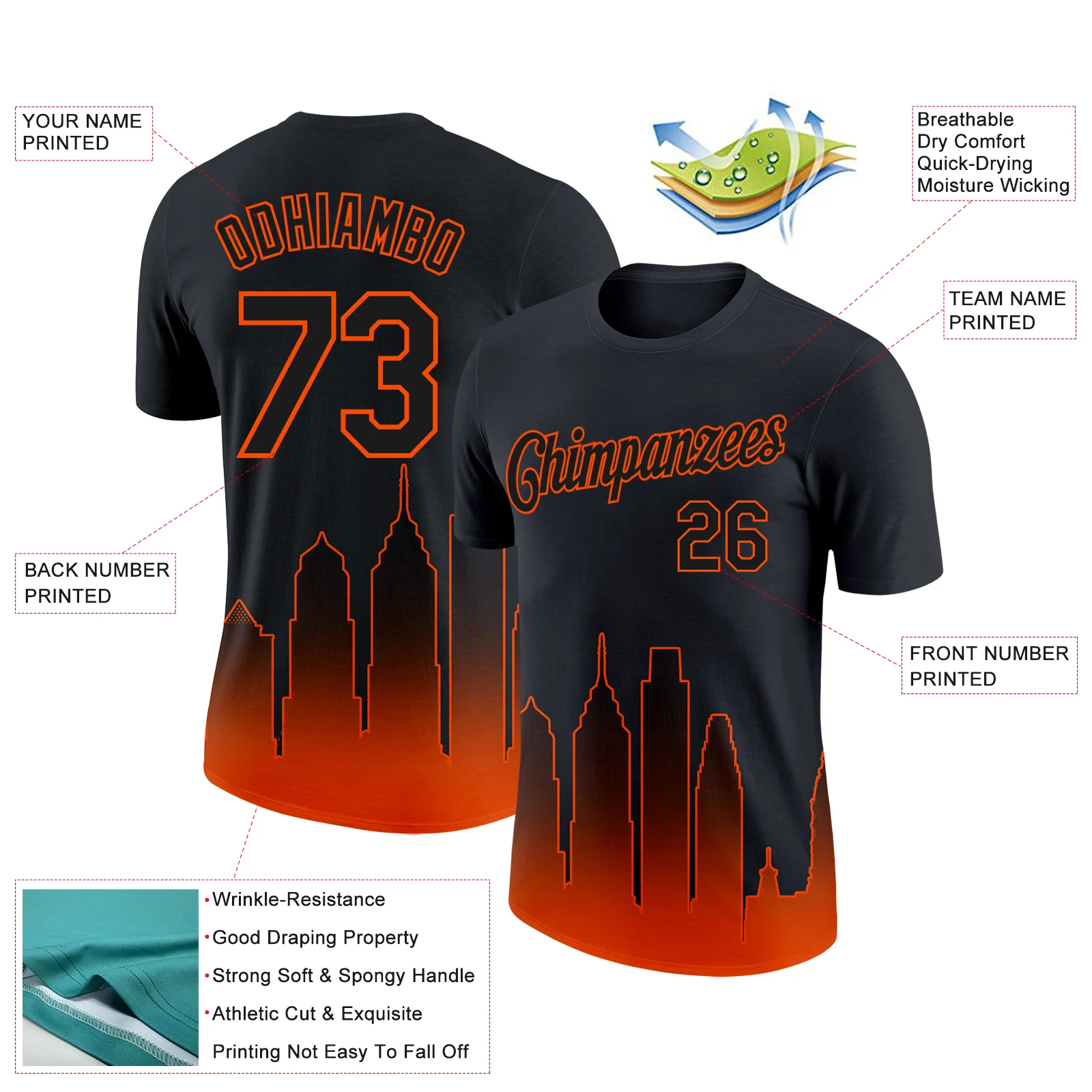Custom Black Orange 3D Philadelphia City Edition Fade Fashion Performance T-Shirt - Image 2