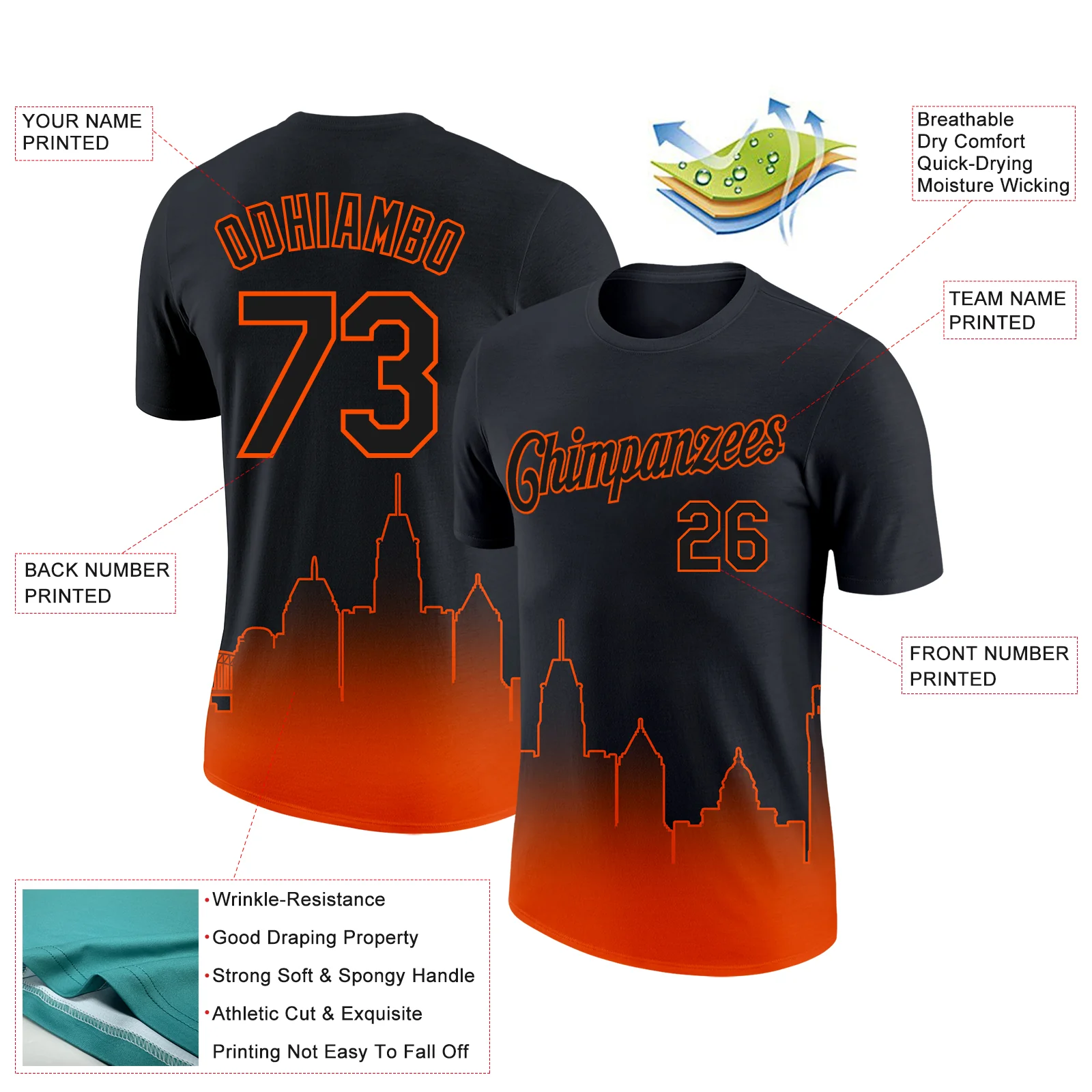 Custom Black Orange 3D Baltimore City Edition Fade Fashion Performance T-Shirt - Image 2