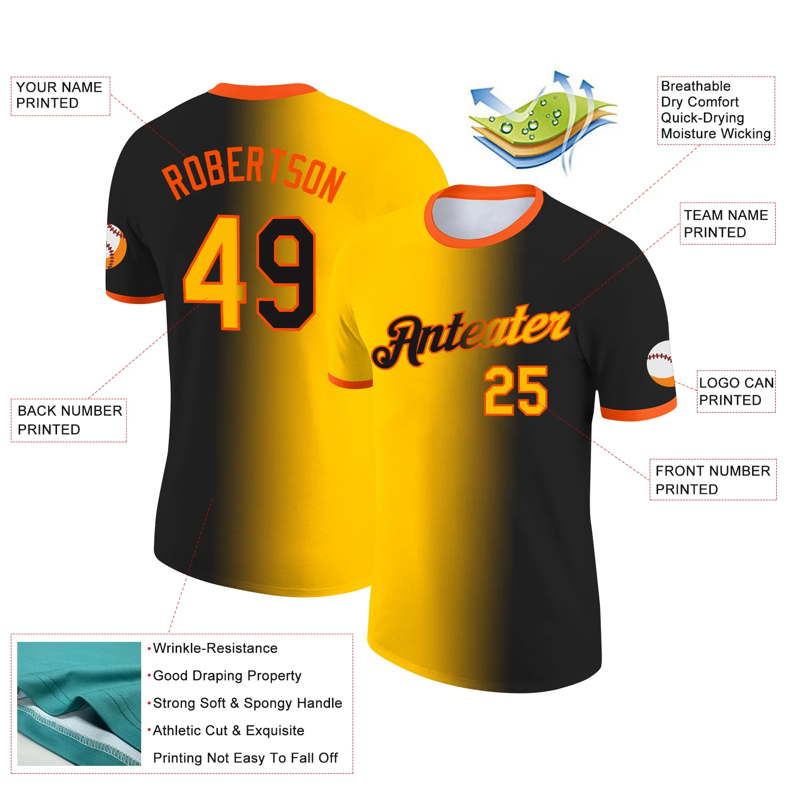 Custom Black Gold-Orange Gradient Fashion Performance T-Shirt - Image 2