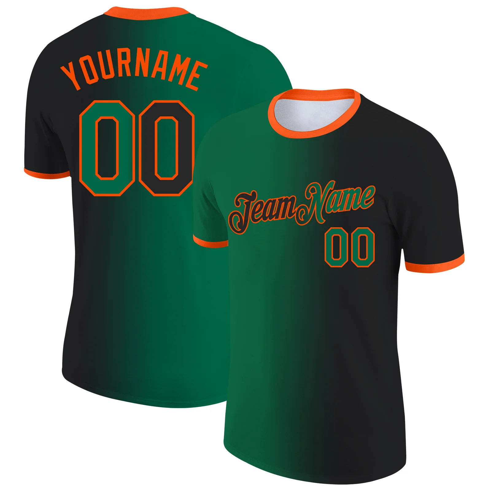 Custom Black Kelly Green-Orange Gradient Fashion Performance T-Shirt