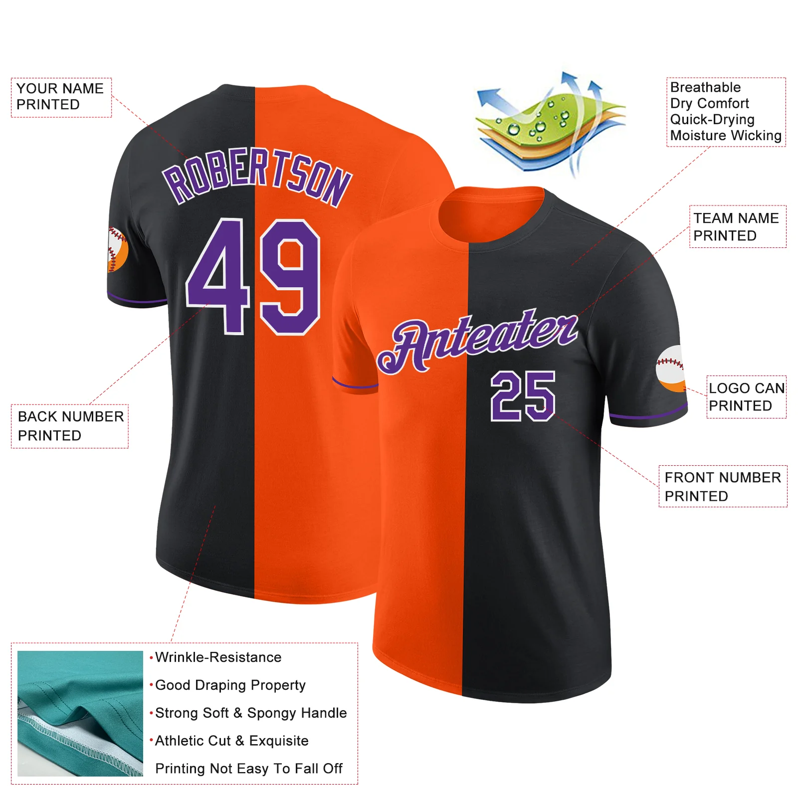 Custom Black Purple-Orange Split Fashion Performance T-Shirt - Image 2