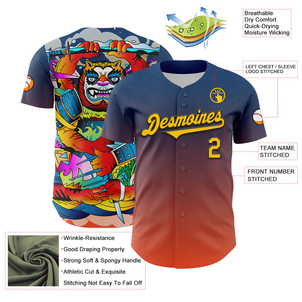 Custom Blue Yellow Orange-Black 3D Geo Law Tiger Ronin Deities Authentic Baseball Jersey - Image 3