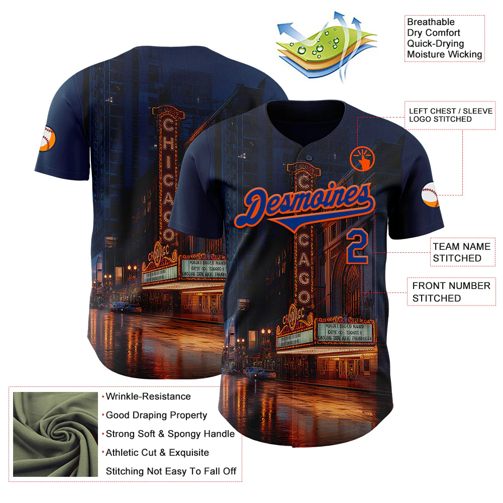 Custom Blue Royal-Orange Chicago Illinois The Theatre Landmark City Symbol Authentic Baseball Jersey - Image 3