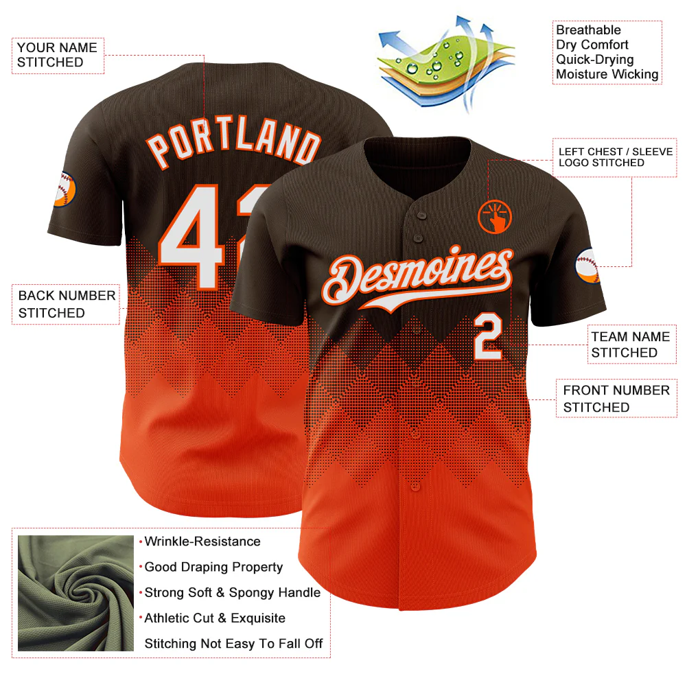 Custom Brown White-Orange 3D Gradient Square Shape Authentic Baseball Jersey - Image 3