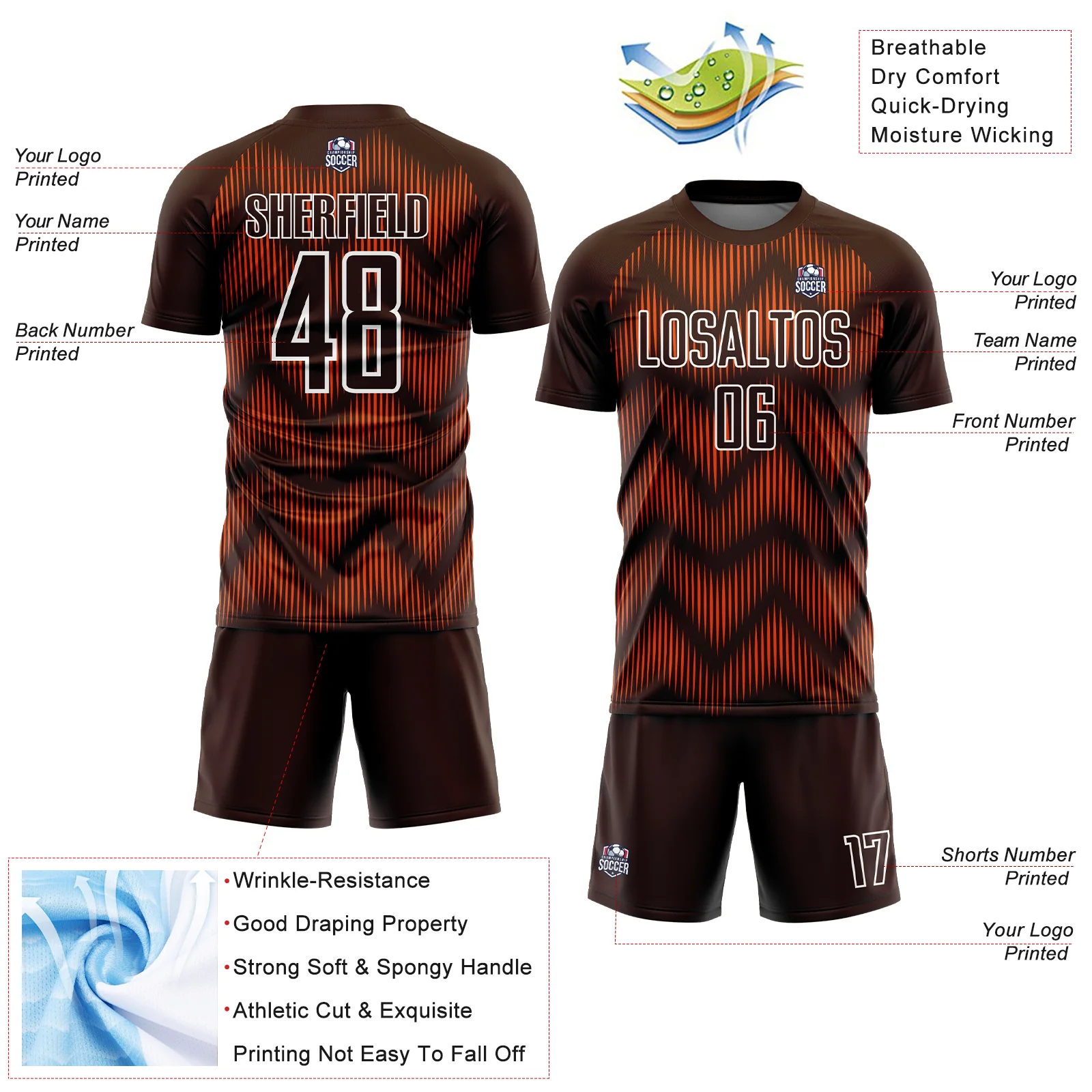 Custom Brown Orange-White Line Sublimation Soccer Uniform Jersey - Image 4