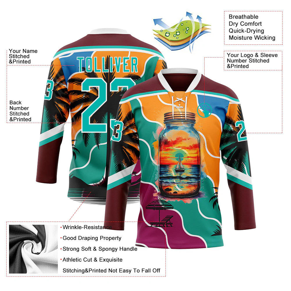 Custom Burgundy Aqua Orange Blue-White Gradient Hawaii Tropical Palm Trees Hockey Lace Neck Jersey - Image 4