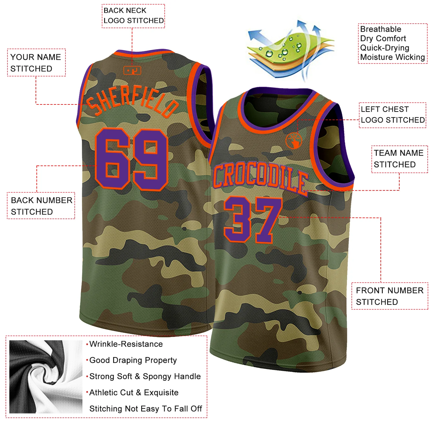 Custom Camo Purple-Orange Authentic Salute To Service Basketball Jersey - Image 2