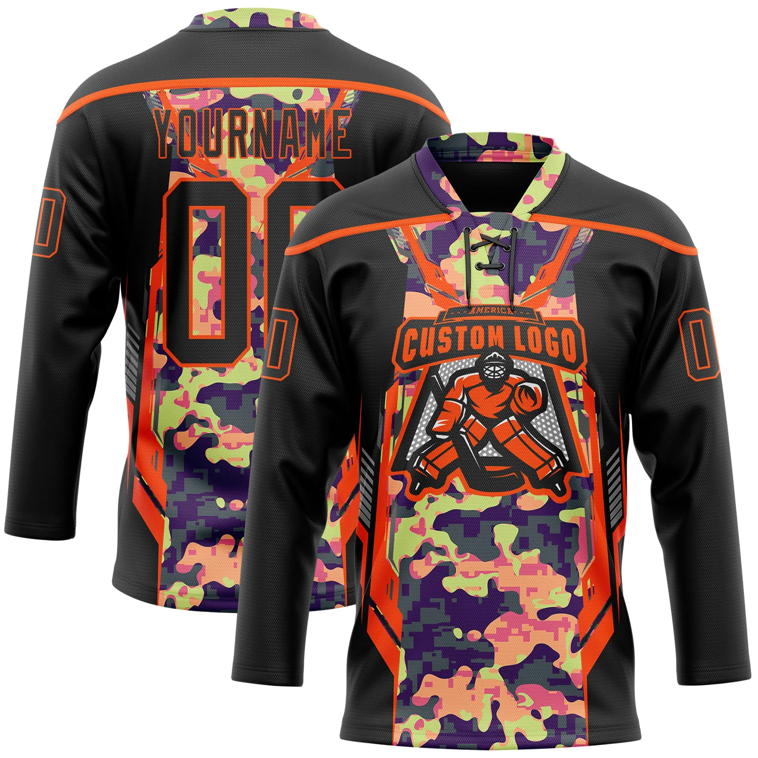 Custom Camo Black-Orange 3D Camouflage Pixel Hockey Lace Neck Jersey - Image 2