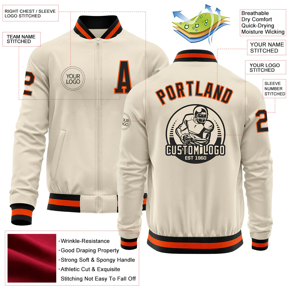 Custom Cream Black-Orange Bomber Varsity Letterman Zipper Jacket - Image 4