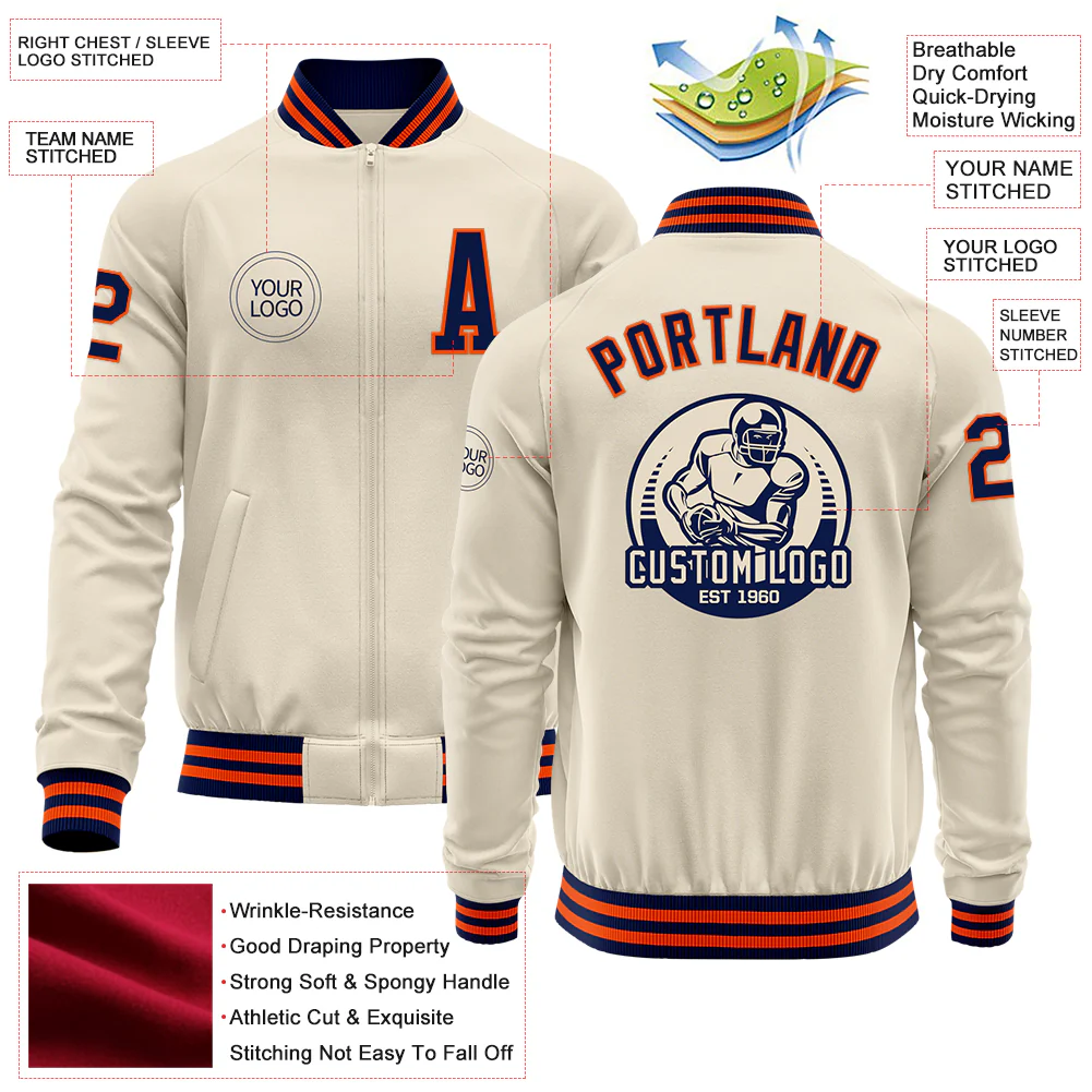 Custom Cream Navy-Orange Bomber Varsity Letterman Zipper Jacket - Image 4
