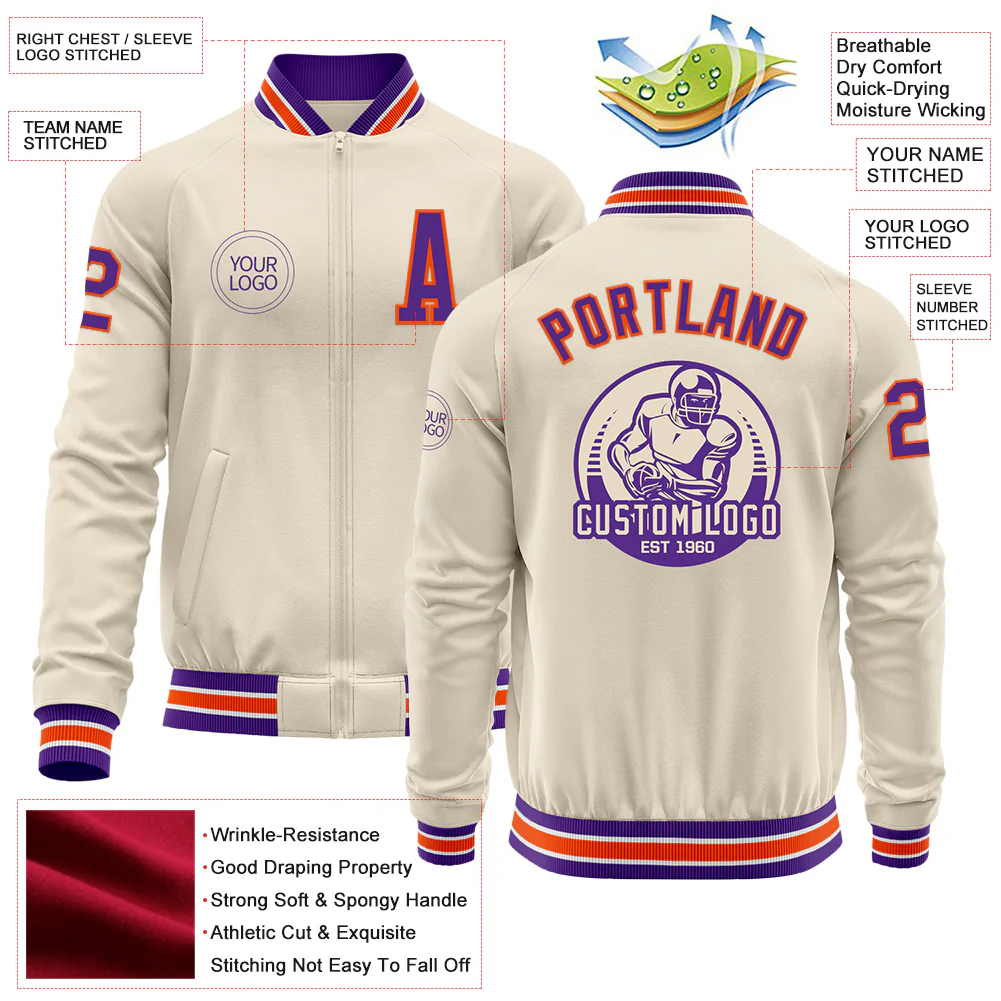 Custom Cream Purple Orange-White Bomber Varsity Letterman Zipper Jacket - Image 4