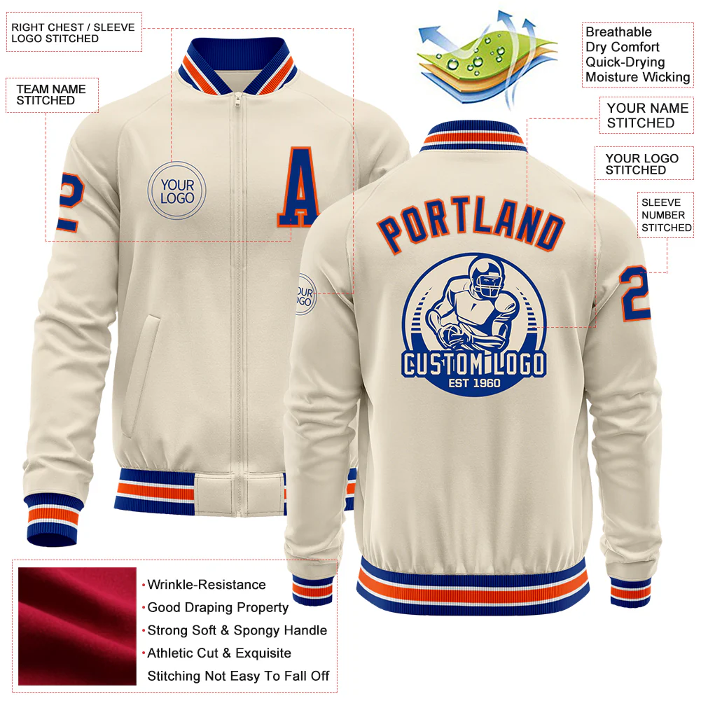 Custom Cream Royal Orange-White Bomber Varsity Letterman Zipper Jacket - Image 4