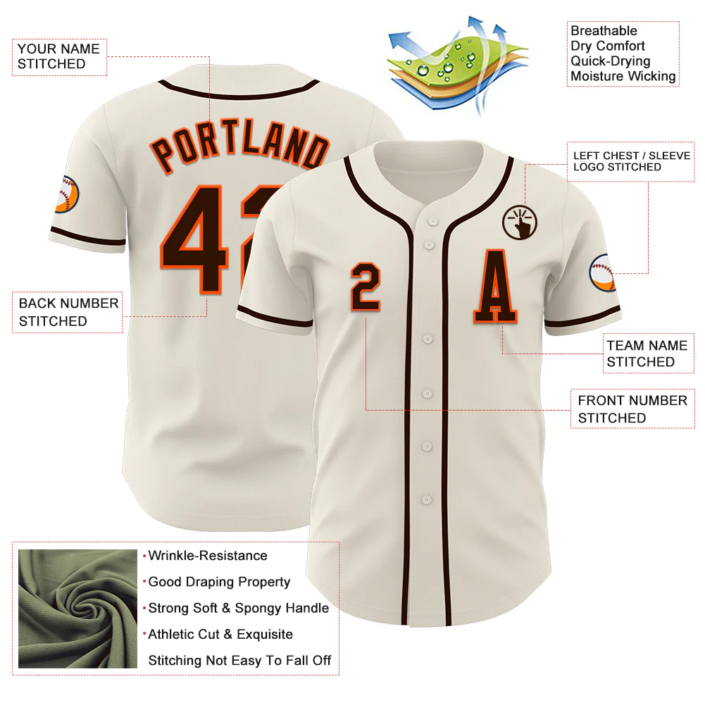Custom Cream Brown-Orange Authentic Baseball Jersey - Image 2
