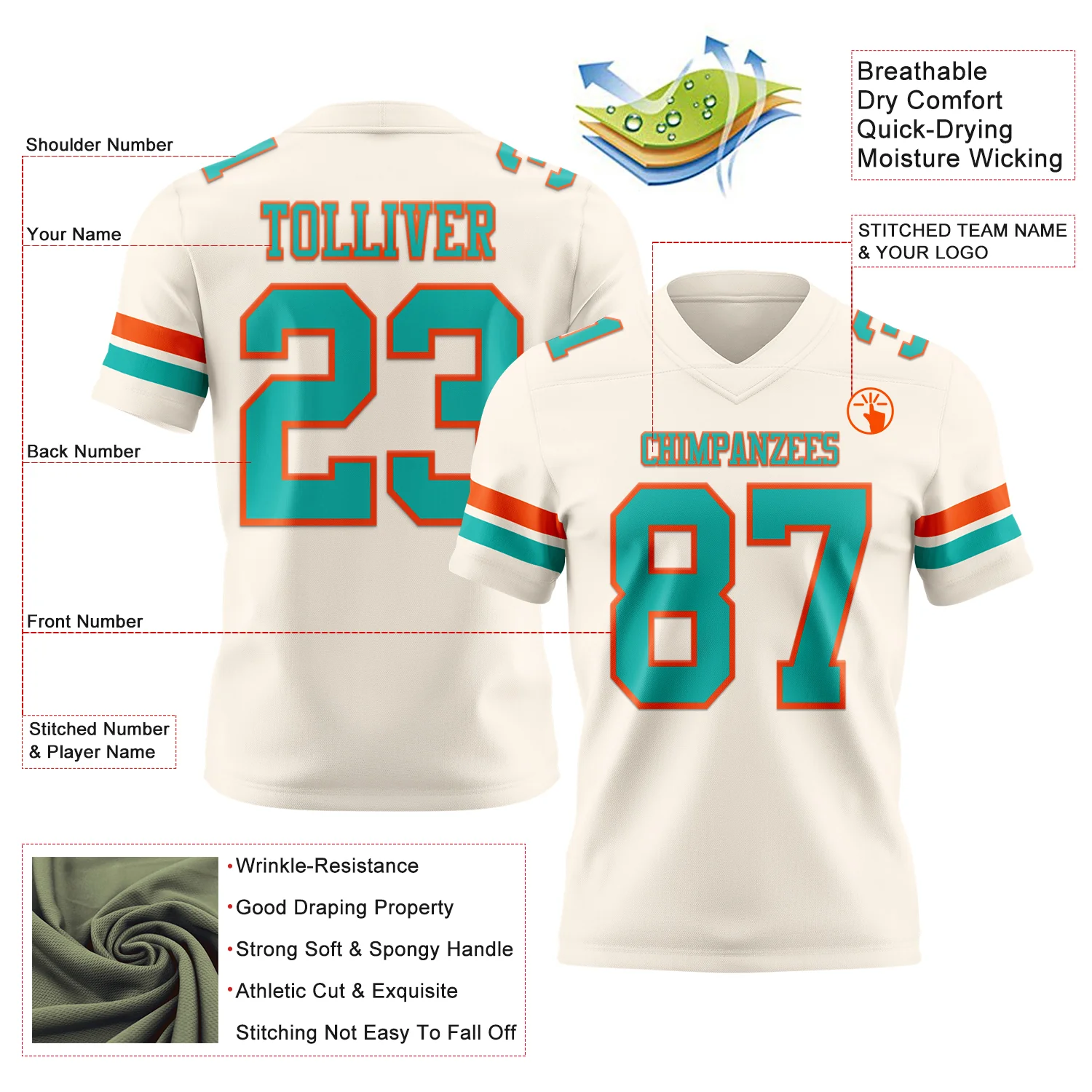 Custom Cream Aqua-Orange Authentic Football Jersey - Image 3