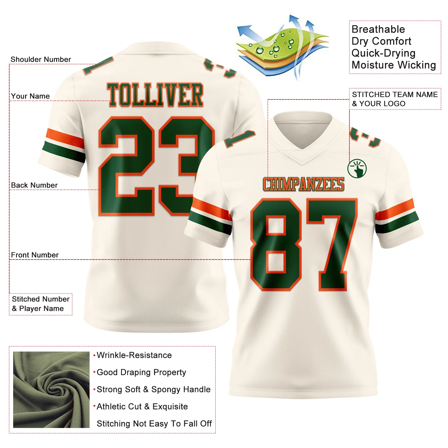 Custom Cream Green-Orange Authentic Football Jersey - Image 3