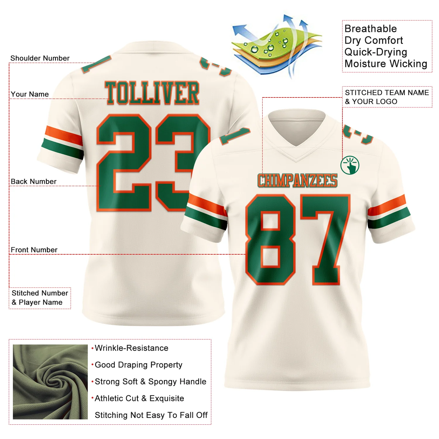 Custom Cream Kelly Green-Orange Authentic Football Jersey - Image 3
