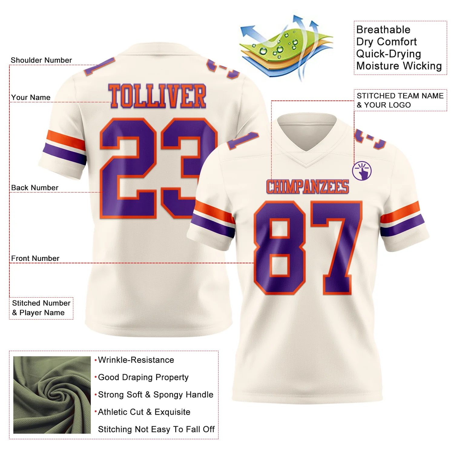 Custom Cream Purple-Orange Authentic Football Jersey - Image 3