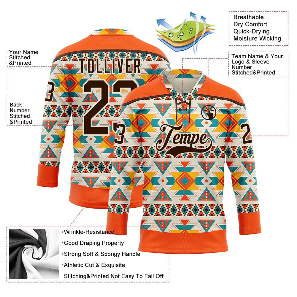 Custom Cream Brown-Orange 3D Pattern Native Americans Tribal Indigenous People Hockey Lace Neck Jersey - Image 5